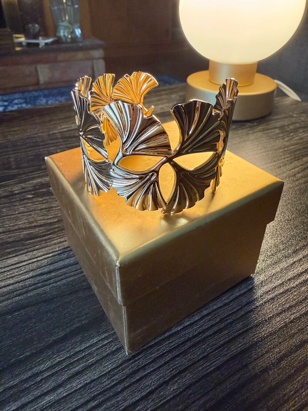 Gold Ginkgo Leaf Statement Cuff Bracelet | Wide Open Cutout Botanical Bangle